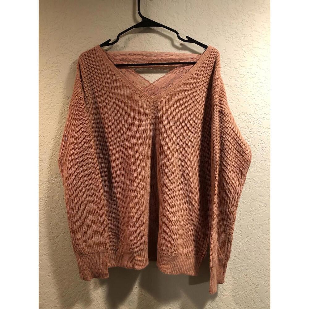 Poof Apparel Peach Acrylic Knit Pullover Lace Cross-Back Women's L New with Tag